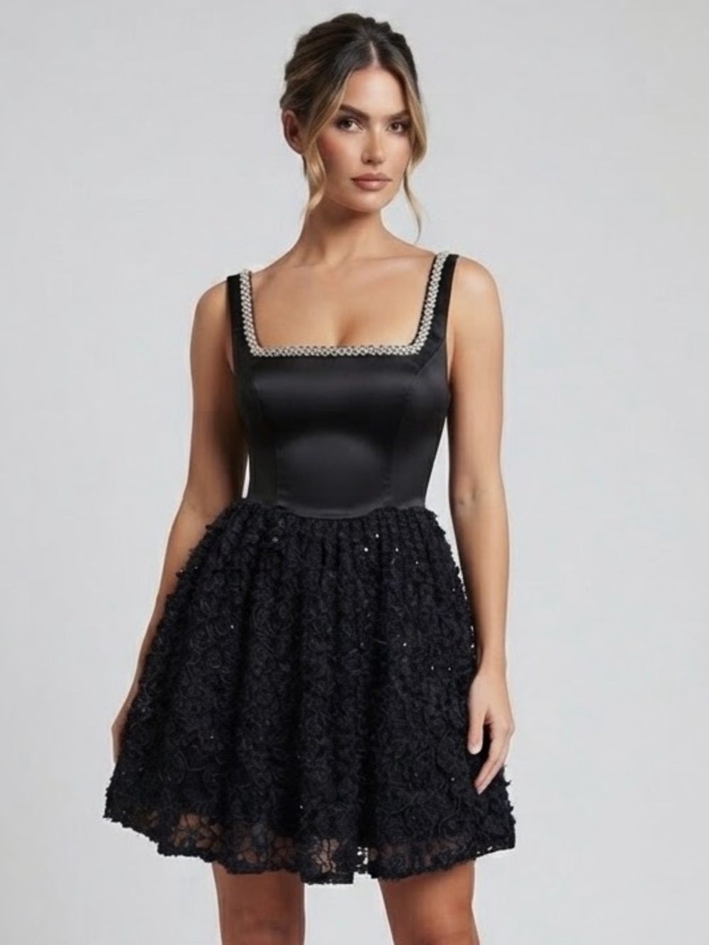 Arose Studio Black Mini Dress with Pearl Trim, Size S